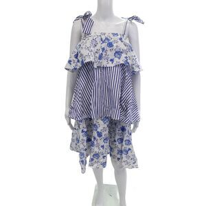 MDS Stripes Women Trapeze Sundress Blue Floral Cotton Sleeveless Knee Size 2